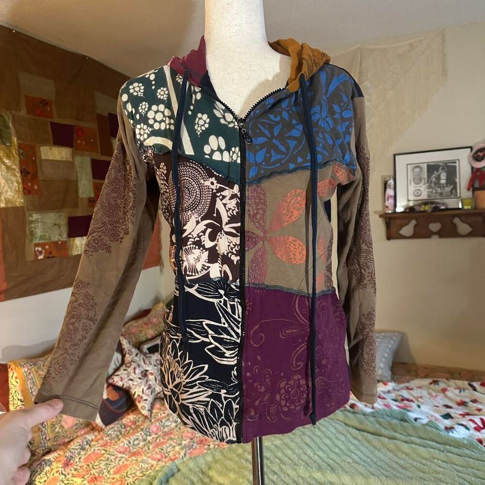 Sacred Threads Y2K Boho Patchwork Whimsical Zip-U… - image 1